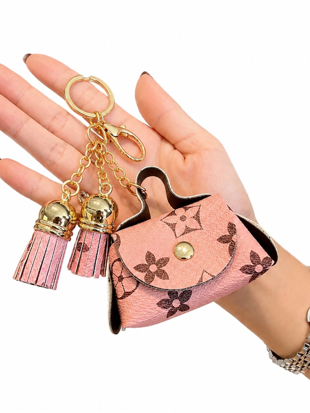 Pink Monogram Mini Purse Keychain with Tassels